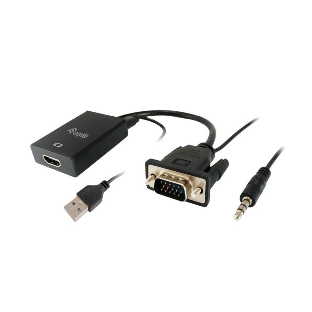 Cable adaptador VGA a HDMI M/H + Audio + Usb / 15cm / Negro / Equip 119038