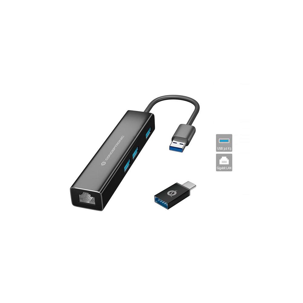 Hub adaptador Type-C a 3x USB 3.0 +  Ethernet Gigabit Rj45 / Adaptador Usb-c / Conceptronic / DONN07BA