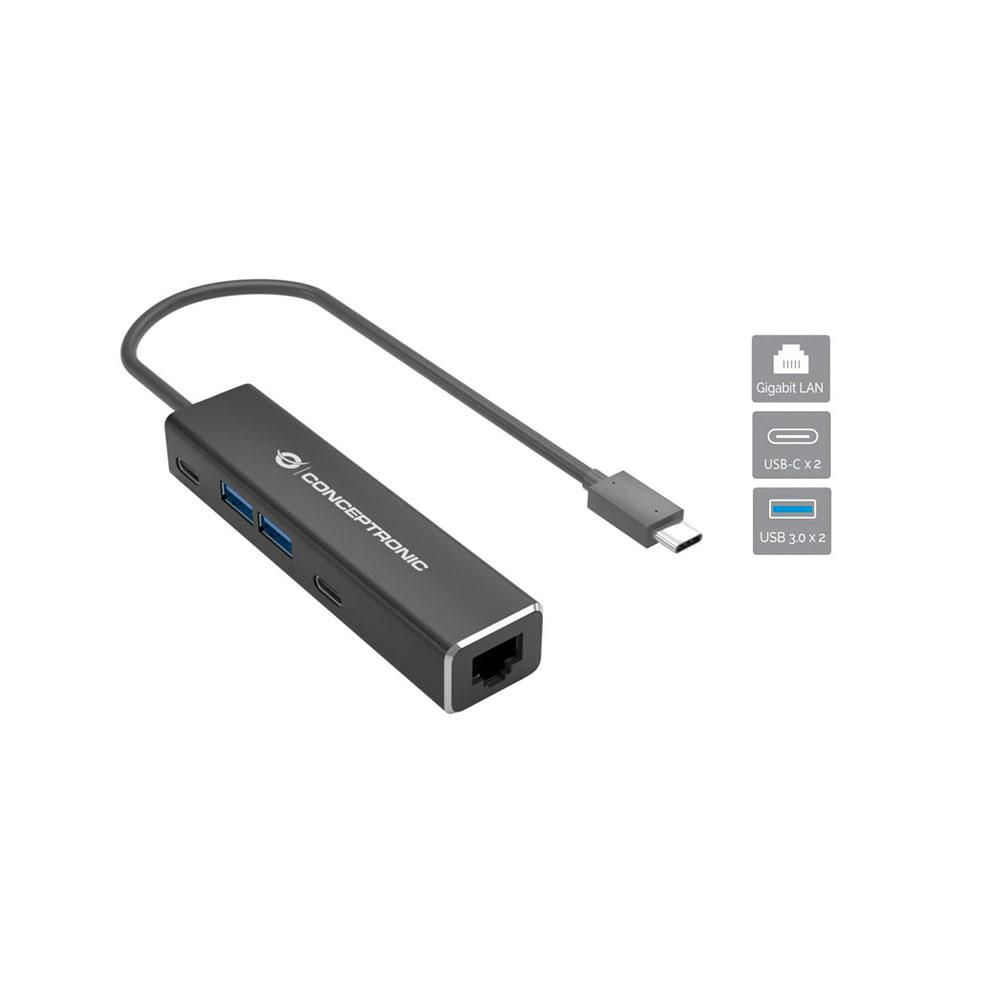 Hub Adaptador Type-C 5 en 1 Conceptronic / 2x USB3.2 / 2x USB-C / RJ-45 / ABBY13B
