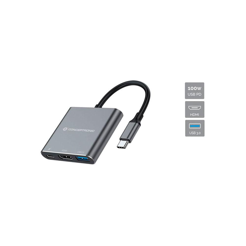 Hub Adaptador Type-C 3 en 1 Conceptronic  / Hdmi / Type-c / Usb 3.0 / DONN18G