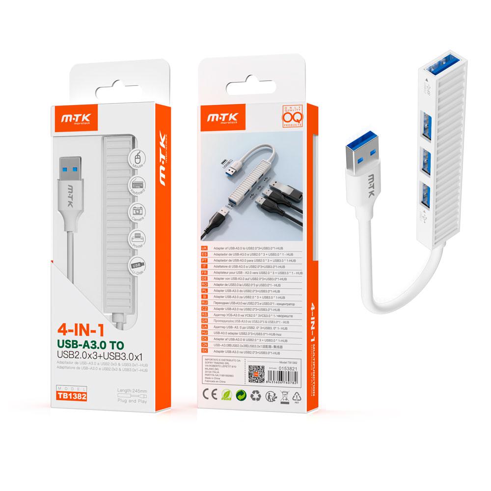 Hub adaptador USB a 1x Usb 3.0 / 3x Usb 2.0 / TB1382 / Blanco / MTk