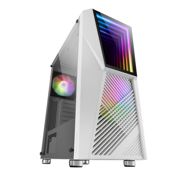 ÷ Caja atx mars gaming mc777 white frontal con espejo infintio argb 2xventiladores 12